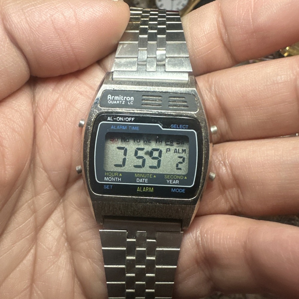 Vintage Armitron LCD Mens Watch New Battery Working But Missing Segments 34mm 7"